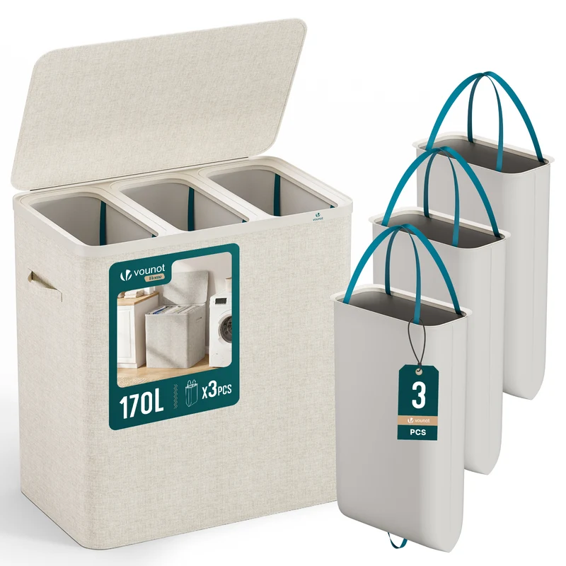 Wäschekorb 3 Fächer 170L, Wäschesammler mit Deckel Beige