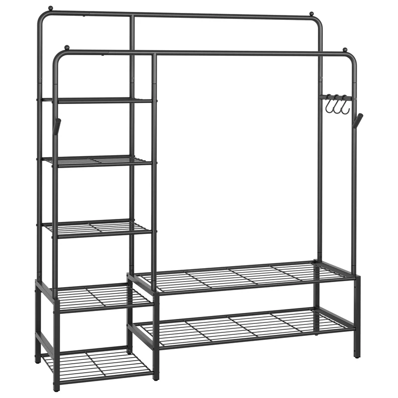 Offener Kleiderschrank mit Metallrahmen und mehreren Ebenen