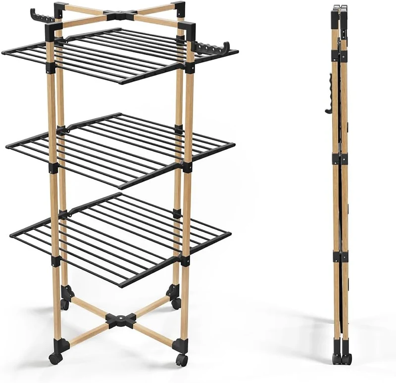 VOUNOT Tendedero de Pie de Torre 3 Niveles 69x136x69 cm, Negro