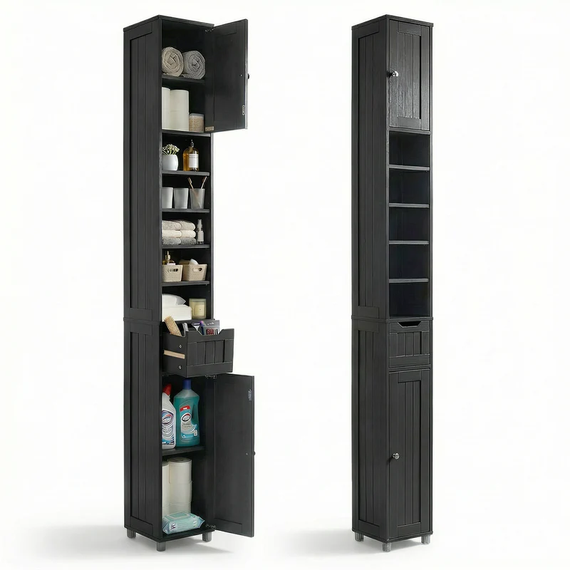 Badezimmerschrank Hoch mit 2 Türen und 1 Schublade, Badschrank Schmal, Badezimmer Hochschrank, 20x20x180cm, Schwarz