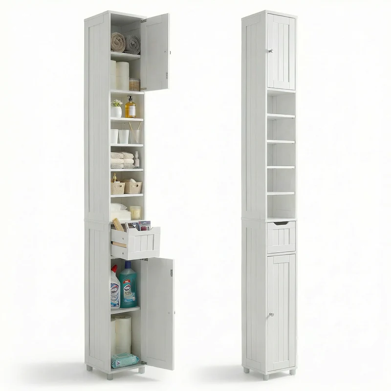 Badezimmerschrank Hoch mit 2 Türen und 1 Schublade, Badschrank Schmal, Badezimmer Hochschrank, 20x20x180cm, Weiss