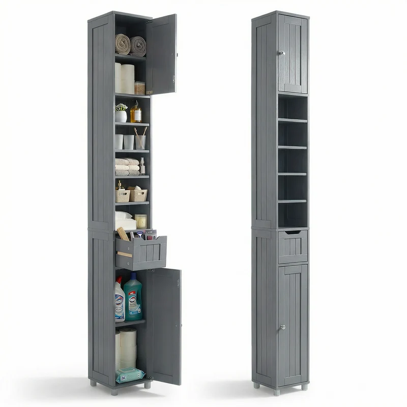 Badezimmerschrank Hoch mit 2 Türen und 1 Schublade, Badschrank Schmal, Badezimmer Hochschrank, 20x20x180cm, Grau