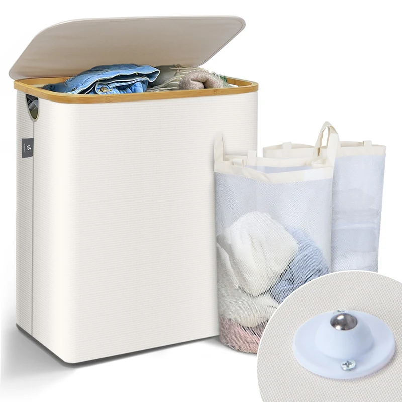 Wäschekorb mit Deckel & Wäschesäcke 145L, Faltbarer Wäschesammler 2 Fächer, Beige