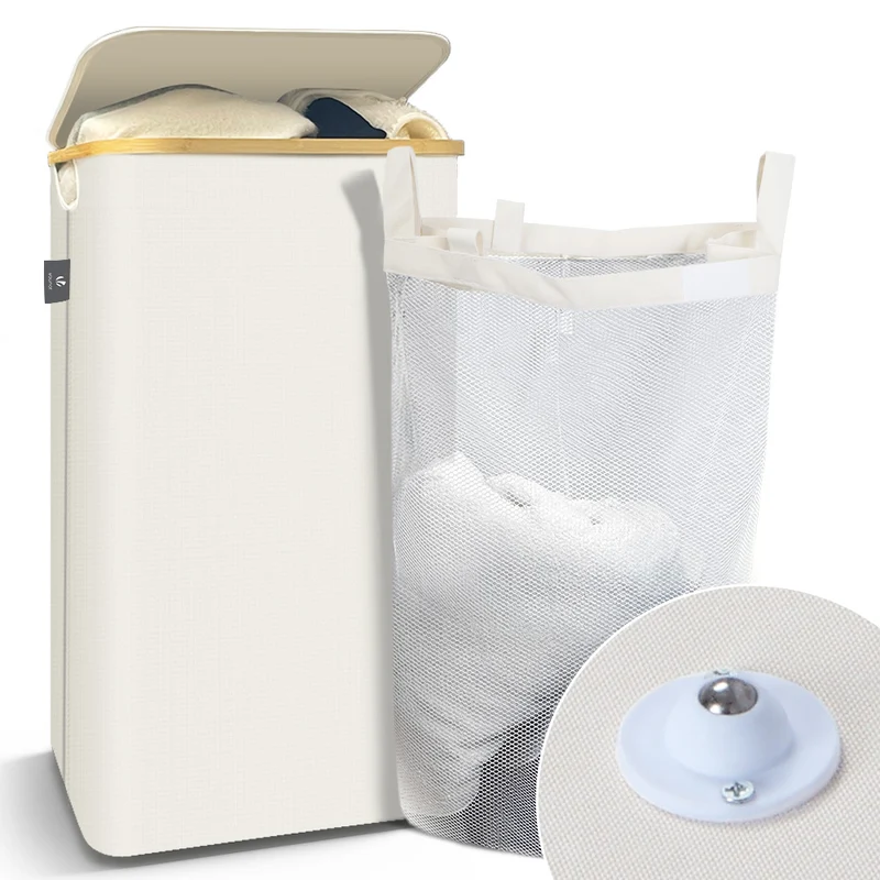 Wäschekorb mit Deckel & Wäschesäcke 100L Faltbarer Wäschesammler, Beige