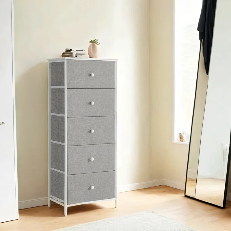 Kommode mit 5 Stoff-Schubladen schmal taubengrau-cremeweiß