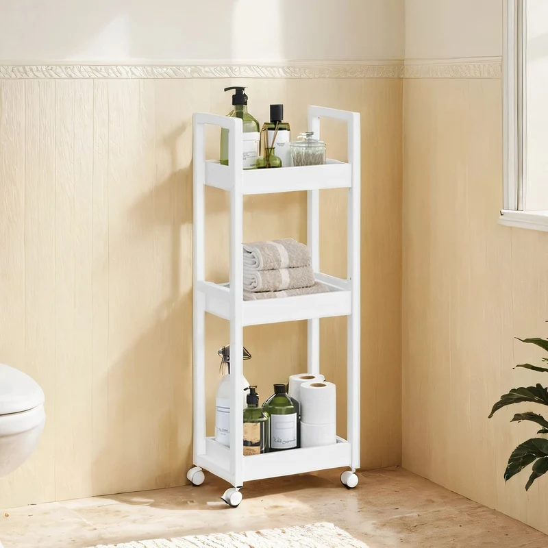 Badezimmerregal mit 3 Ebenen schmal platzsparend weiß-naturfarben