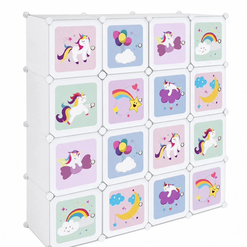 Regalsystem aus Kunststoff mit 16 Würfeln und Türen für Kinder