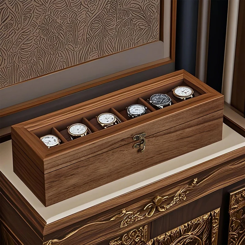 Uhrenbox 6 Fächer aus Massivholz mit Glasdeckel walnussfarben