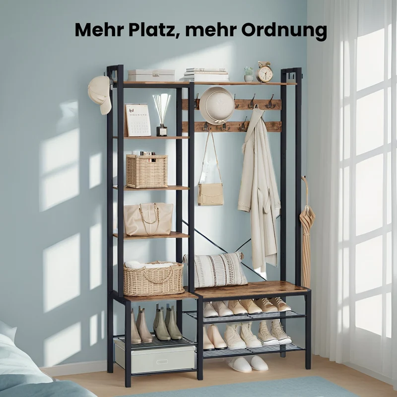 Garderobenständer mit Schuhbank aus Spanplatten vintagebraun-tintenschwarz
