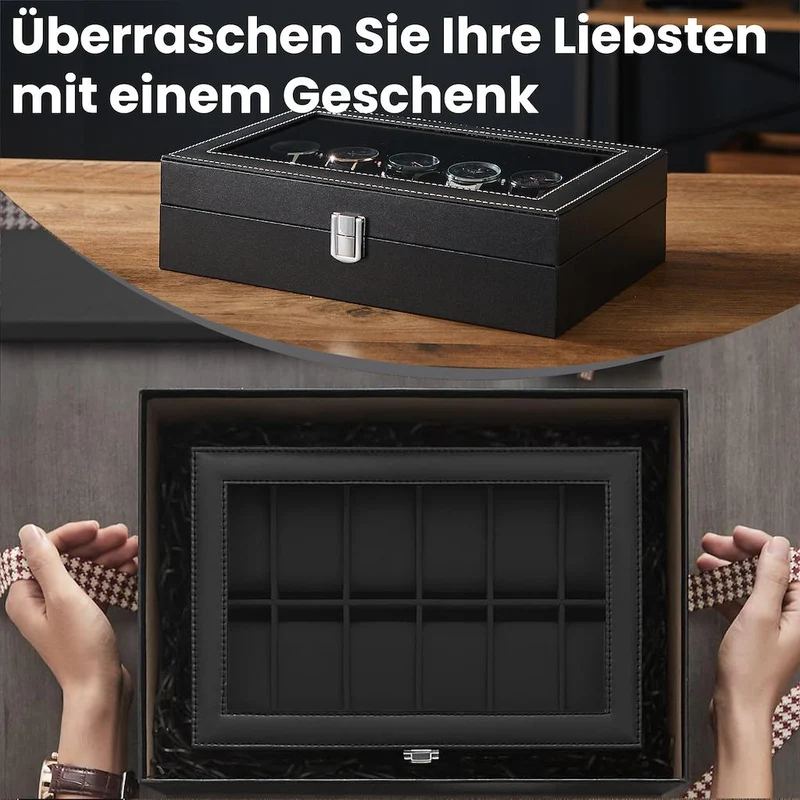 Uhrenbox mit 12 Fächern, Uhrenkasten, Glasdeckel