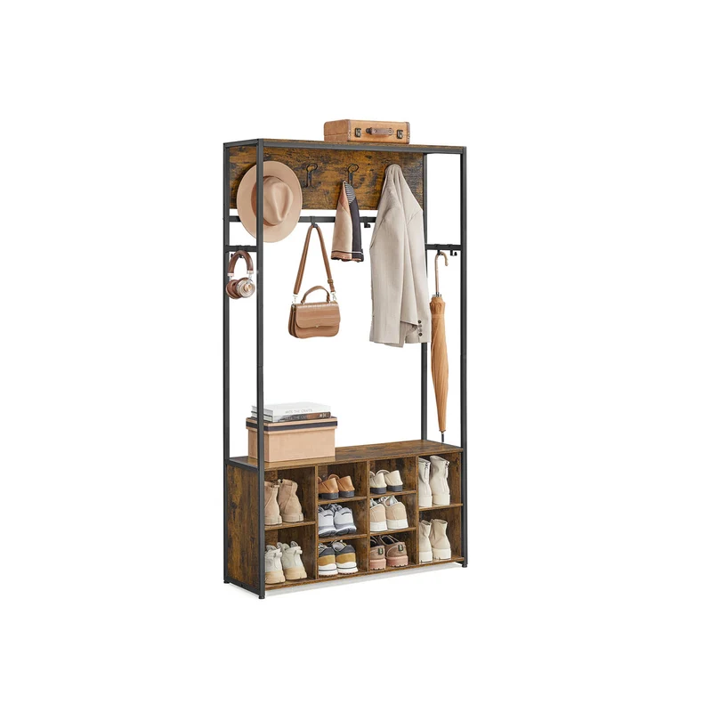 Moderner Kleiderständer mit Schuhregal und offenen Fächern